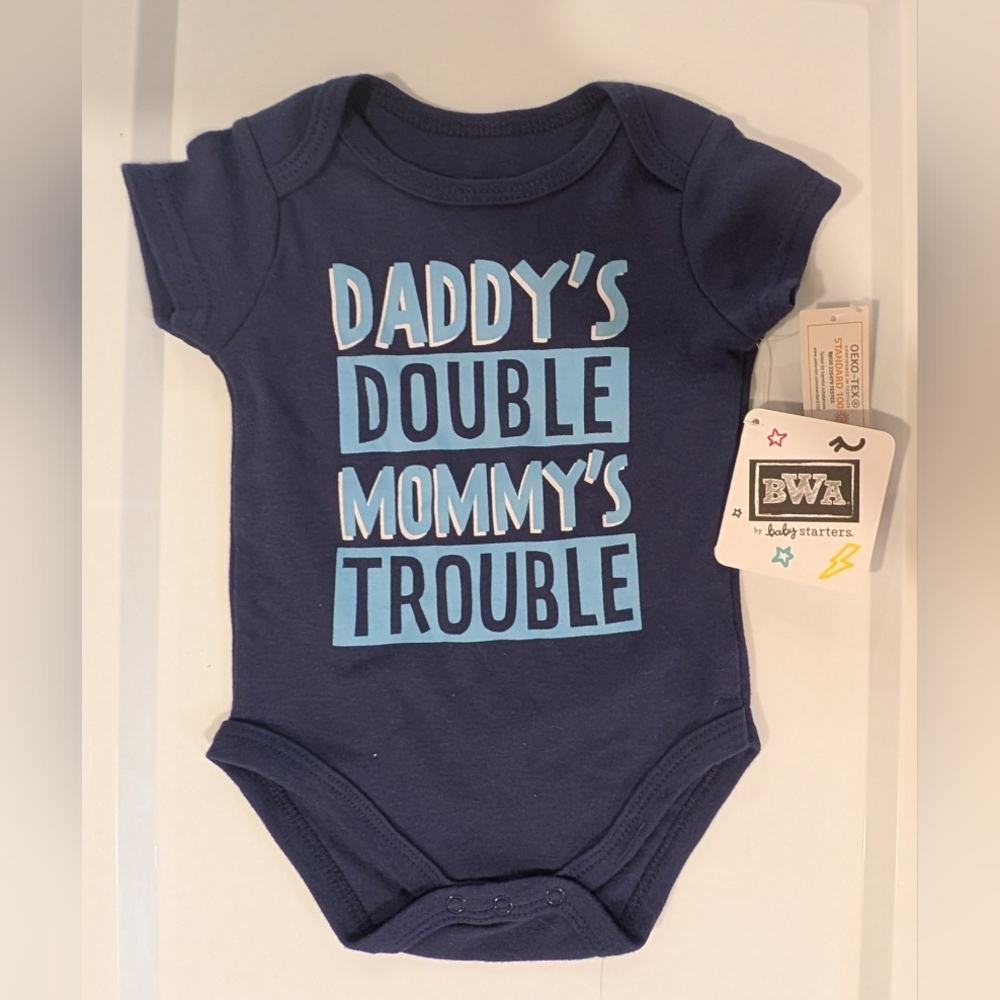 Baby Starters NWT 9M Navy Blue "Daddy's Double Mommy's Trouble" One-Piece